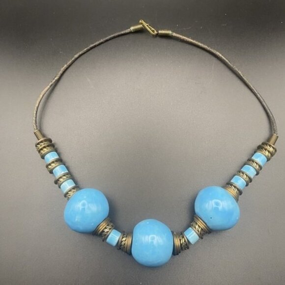 Unbranded Jewelry - Chunky Necklace 18" Choker Blue Turquoise Ceramic Beads Metal Disc Boho Western